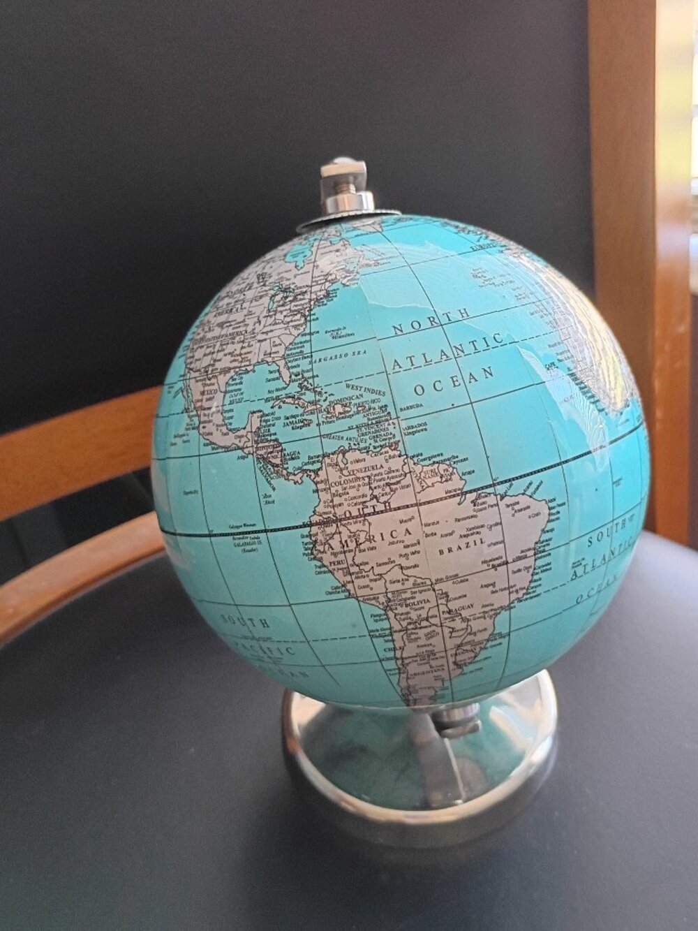 Small Desk Globe — Metal Base, Blue Oceans, Classic World Map, Approx. 7”